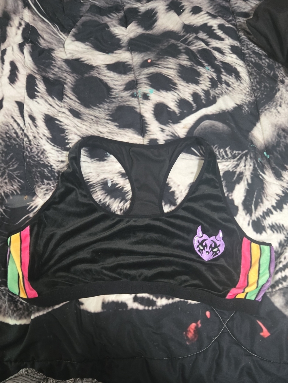 Killstar Black Racerback Bodysuit Top with Rainbow Side Stripes and Purple Crest